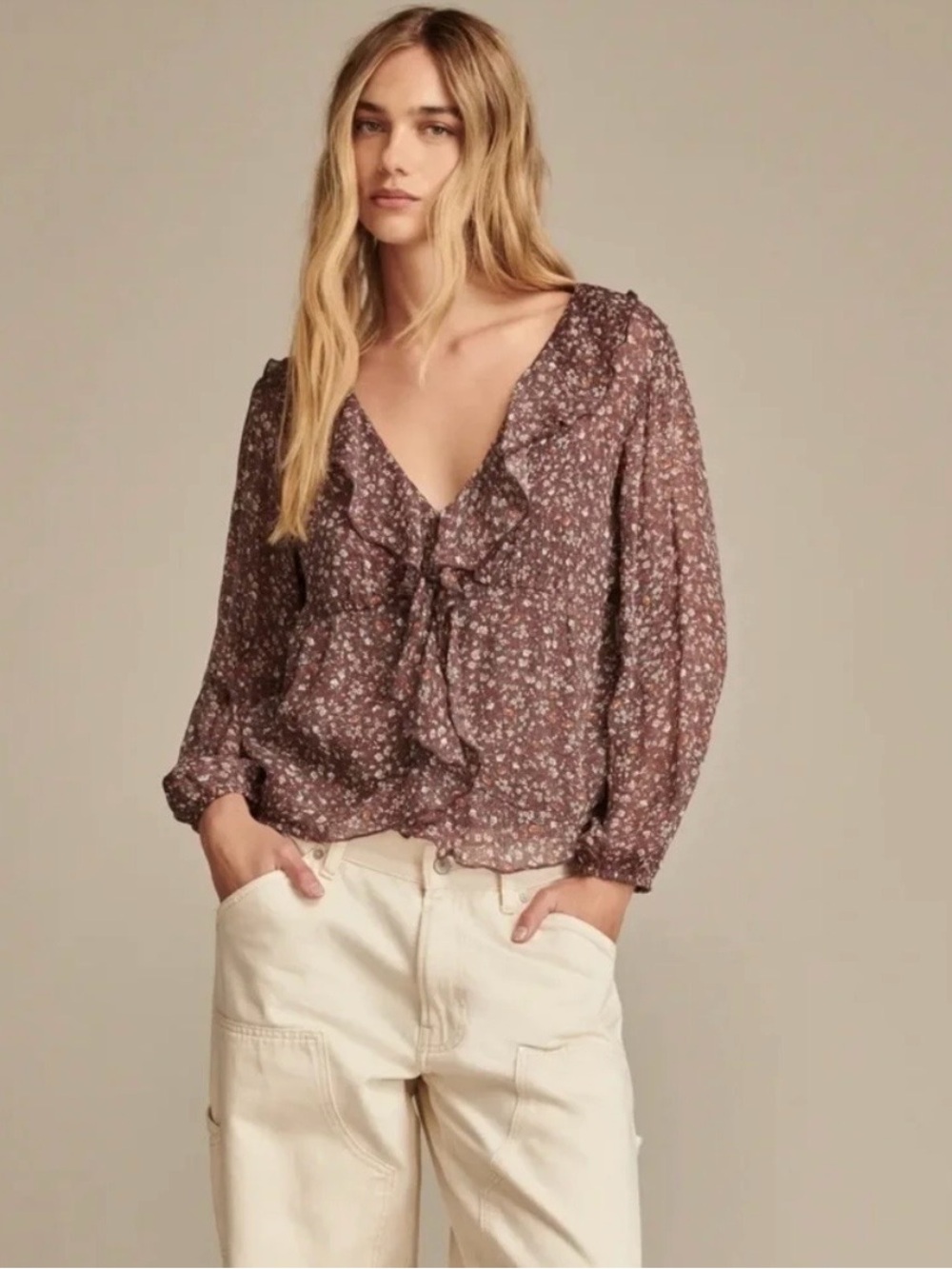 Lucky Brand Mauve-Brown Floral Ruffle V-Neck Blouse
